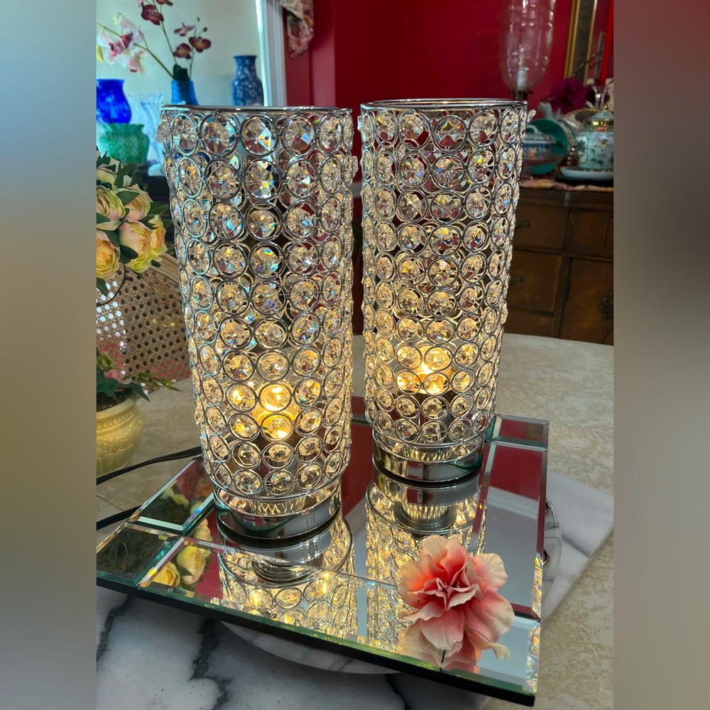 Set of 2 Modern Polished Chrome & Crystal Table Lamps/Home Decor w switch cords